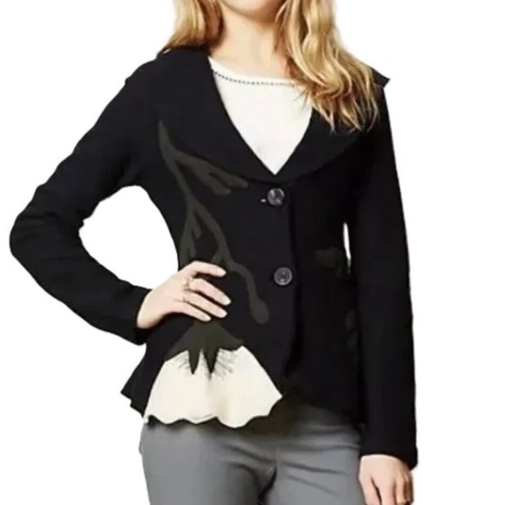 Anthropologie, Rare,Rosie Neira,Boiled Wool Floral Appliquéd black Blazer, Sz XS